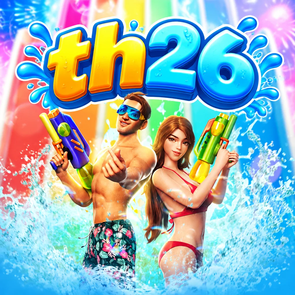 th26 ธีมเกม Songkran Splash ชายหนุ่มและหญิงสาวถือปืนฉีดน้ำท่ามกลางละอองน้ำสาดกระจาย