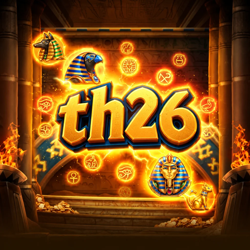 th26 ธีมเกม Symbols of Egypt อักษรโบราณ หน้ากากฟาโรห์ และสัญลักษณ์อียิปต์เรืองแสงสีทอง